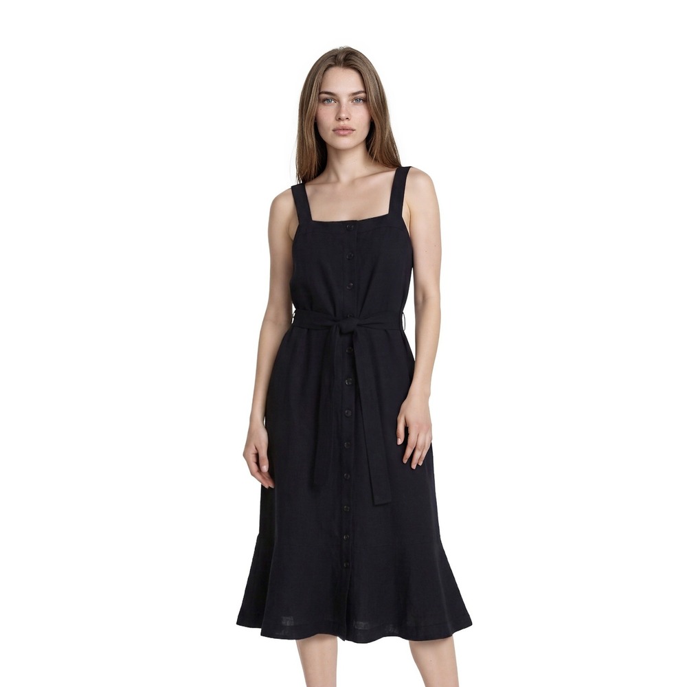 Banana Republic Midi Dress Women's Size‎ 12 Navy Blue Ruffle Belted Button